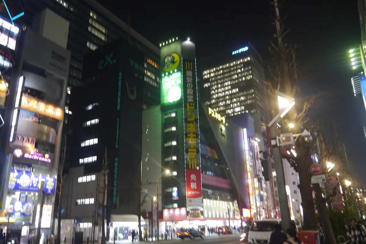 Gece yoğun bir Akihabara sokağı; yüksek binalarda ışıklı tabelalar ve aşağıda trafik